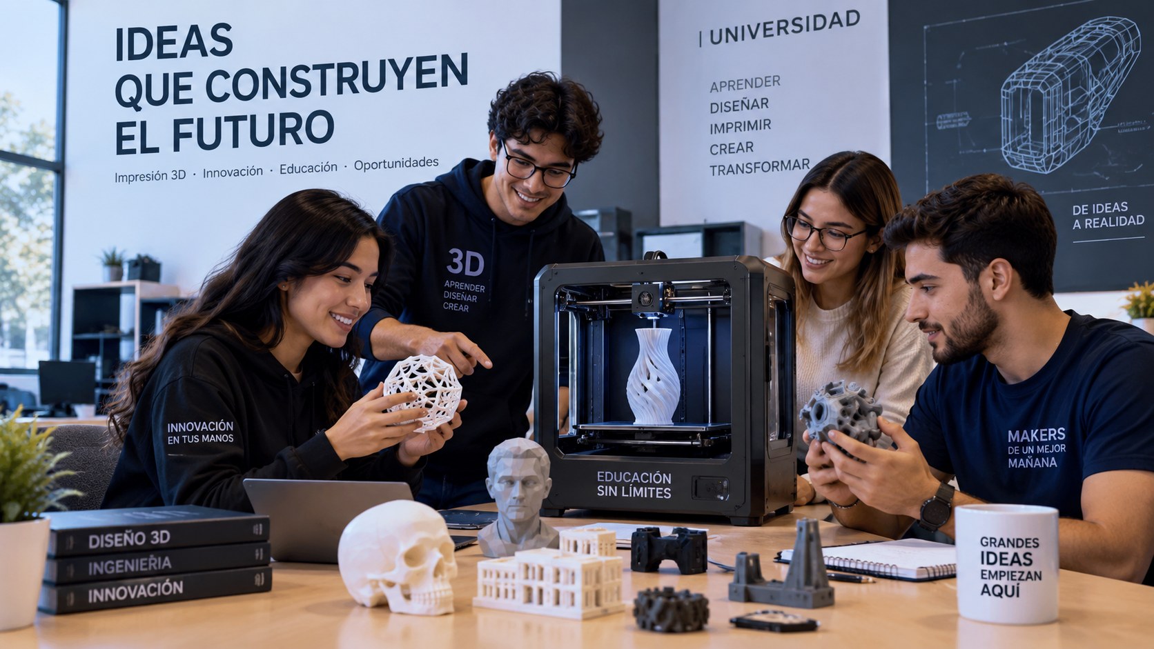 Grupo de estudiantes universitarios en taller de impresión 3D