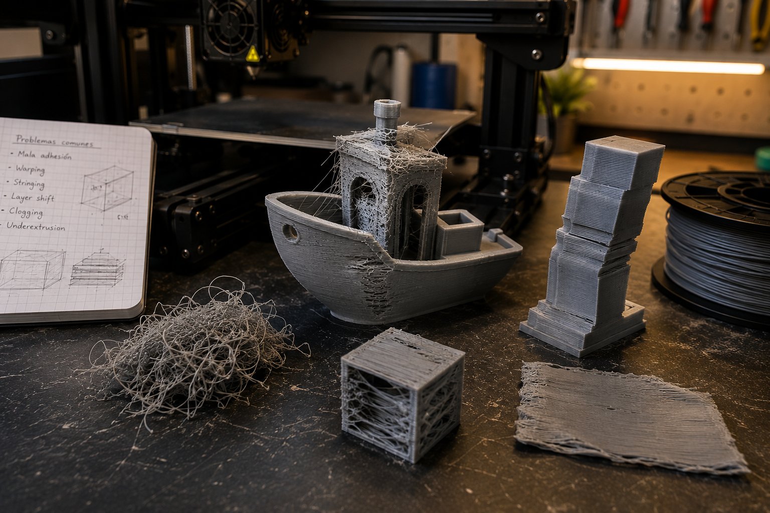 Piezas con fallas comunes de impresión 3D: warping y stringing