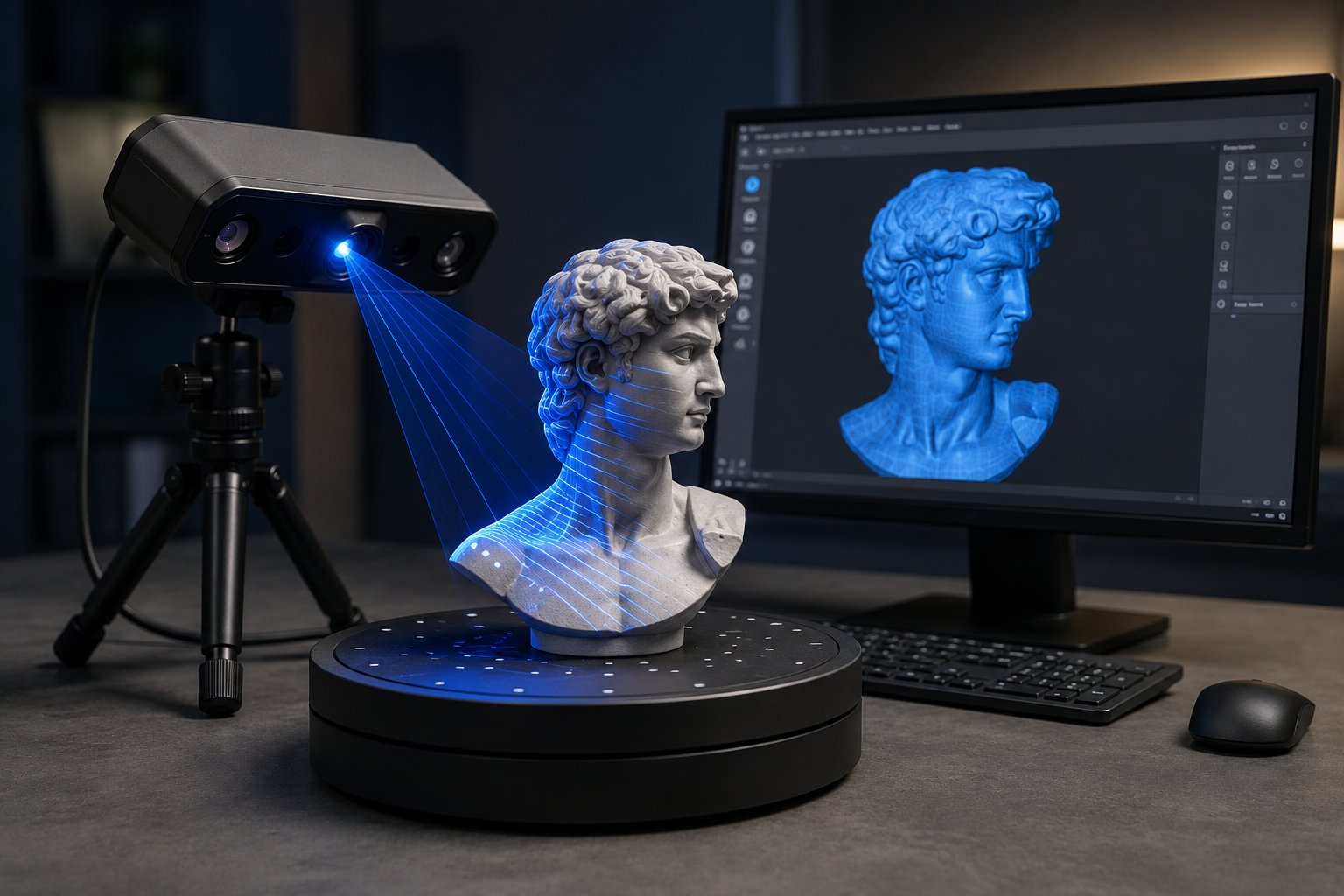 Escáner 3D digitalizando una escultura